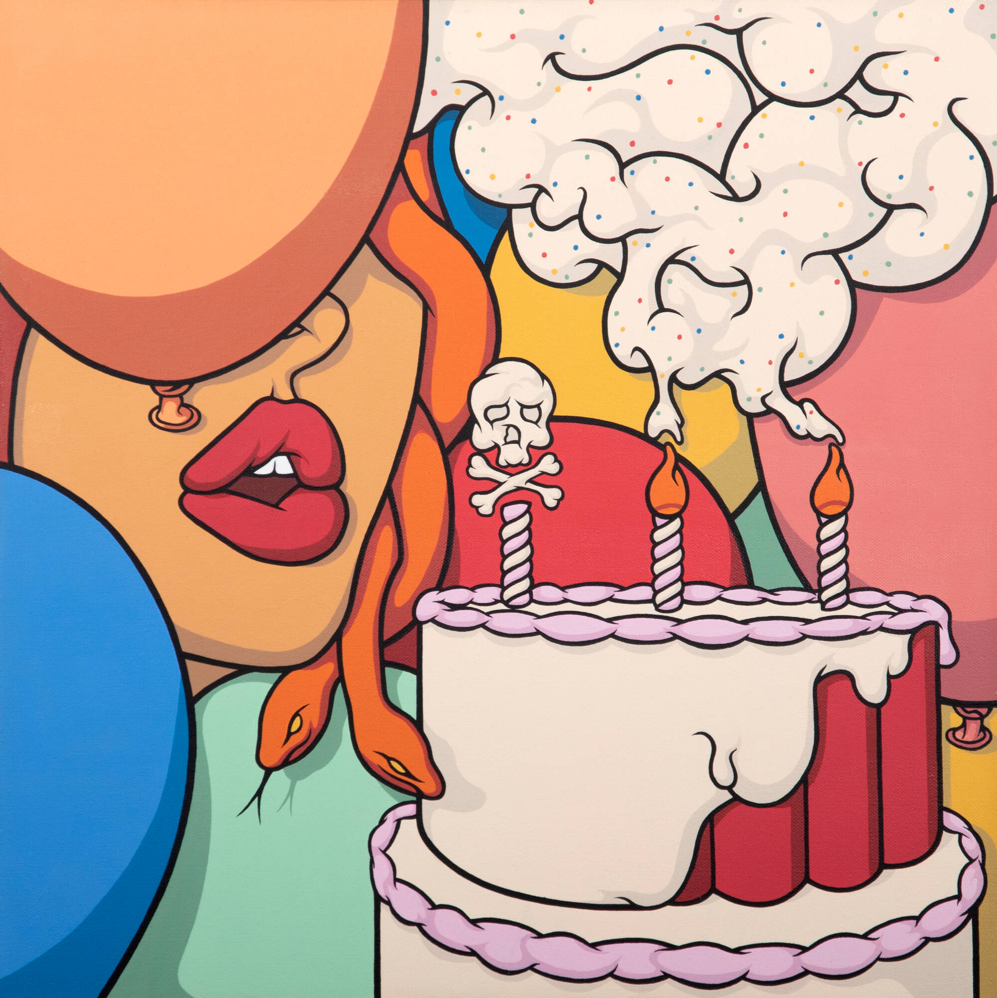 Painting with big blocks of bright color of Medusa blowing out the candles to a birthday cake, but its dynamite under the frosting instead of cake.